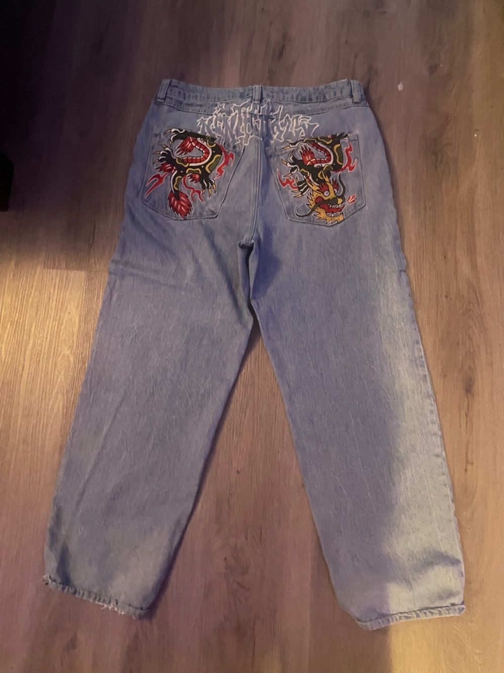 Light Blue Mens Jeans with Embroidered Dragon Patch